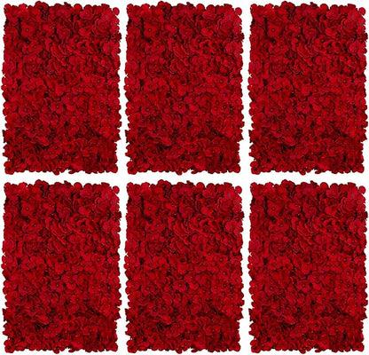 BLOSMON Flower Wall Backdrop Red - 6 Pcs 24 x 16 Inch Artificial Hydrangea Floral Panels for Wedding Party Baby Bridal Shower Decor - Fake 3D Silk Flower Backdrop Decoration