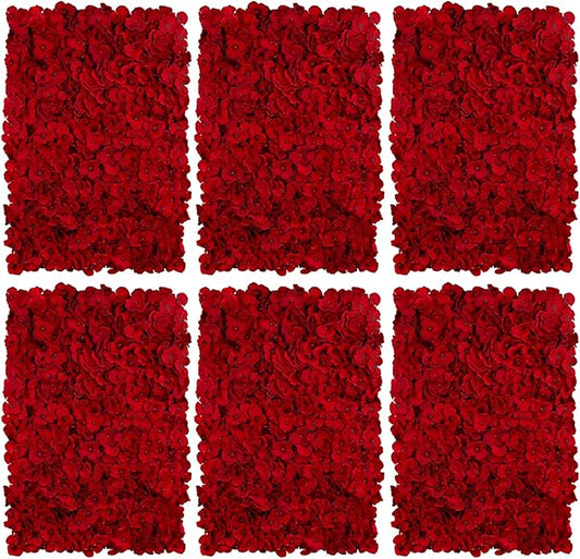 BLOSMON Flower Wall Backdrop Red - 6 Pcs 24 x 16 Inch Artificial Hydrangea Floral Panels for Wedding Party Baby Bridal Shower Decor - Fake 3D Silk Flower Backdrop Decoration