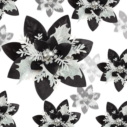 24 Christmas Glitter Artificial Poinsettia Flowers Xmas Poinsettia Artificial Wedding Flowers Decorations Xmas Tree Ornaments with Clips for Party Favors, 6 Inch, 4 Inch, 3 Inch (Black White, Gold)