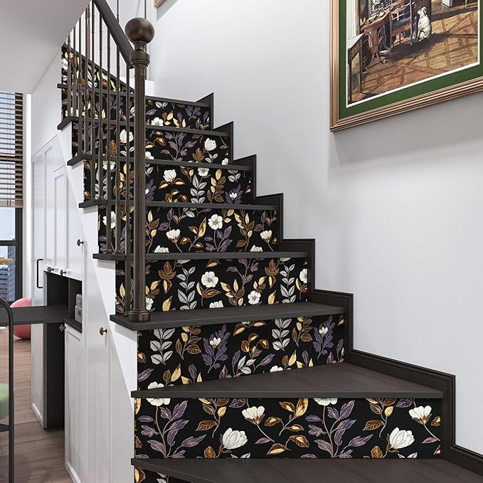 Dark Floral Wallpaper Peel and Stick Vintage Gold Leaf Contact Paper Black Floral Wallpaper Waterproof Self-Adhesive Wall Covering for Bedroom Countertop Desk Cabinets 17.4" x 393"