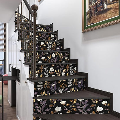 Dark Floral Wallpaper Peel and Stick Vintage Gold Leaf Contact Paper Black Floral Wallpaper Waterproof Self-Adhesive Wall Covering for Bedroom Countertop Desk Cabinets 17.4" x 393"