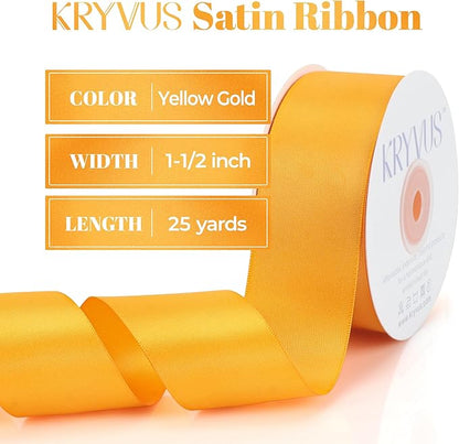 Yellow Gold Satin Ribbon, Double Faced 1-1/2 Inch X 25 Yards Yellow Gold Ribbon, Premium Satin Ribbon for Gift Wrapping, Crafts, Hair Bow Making, Sewing, Flower Bouquet, Wedding Party Decor