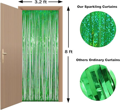 Melsan Foil Curtain Backdrop, 2 Pack 3.2 ft x 8.2 ft Tinsel Foil Fringe Curtains, Sparkle Metallic Foil Fringe Curtains for Christmas Party Decorations Photo Booth Props Decoration, Green