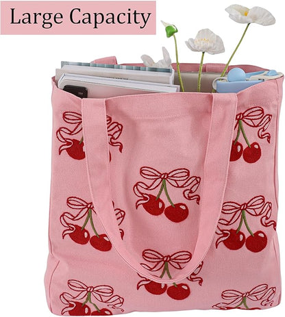 Aesthetic Embroidery Tote Bag for Lady Cute Reusable Canvas Shoulder Bag for Girls Women Shopping Grocery