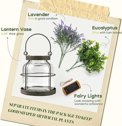 Vintage Farmhouse Lantern Decor LED Lighted Vase, Rustic Glass Vase with Artificial Flowers 4pcs Lavenders & Eucalyptus, Farmhouse Table Centerpiece for Floral Arrangements-Hidden Switch Lid
