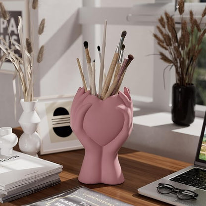 8 Inch Heart Hand White Ceramic Vase - Unique Modern Aesthetic Flowers Vase for Living Room Bedroom Office Kitchen Table Centerpiece or Shelf Decor - Gifts for Wedding Bridal Shower Women Mom (Pink)