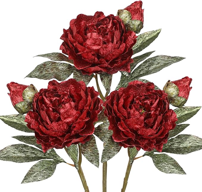 Briful 3PCS Red Artificial Christmas Peony Flower Stems, 15in Silk Peonies with Bud Fake Peony Floral Arrangement for Xmas Home Vase Party Wedding Bouquet Decor