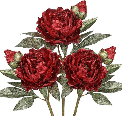 Briful 3PCS Red Artificial Christmas Peony Flower Stems, 15in Silk Peonies with Bud Fake Peony Floral Arrangement for Xmas Home Vase Party Wedding Bouquet Decor