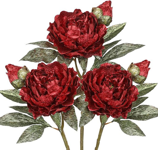 Briful 3PCS Red Artificial Christmas Peony Flower Stems, 15in Silk Peonies with Bud Fake Peony Floral Arrangement for Xmas Home Vase Party Wedding Bouquet Decor