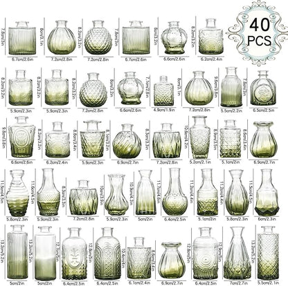 Green Bud Vases Set of 40, Mini Flower Vase for Centerpieces, Small Glass Bud Vases in Bulk for Wedding Decorations, Vintage Vase for Table, Recepetion, Home Décor