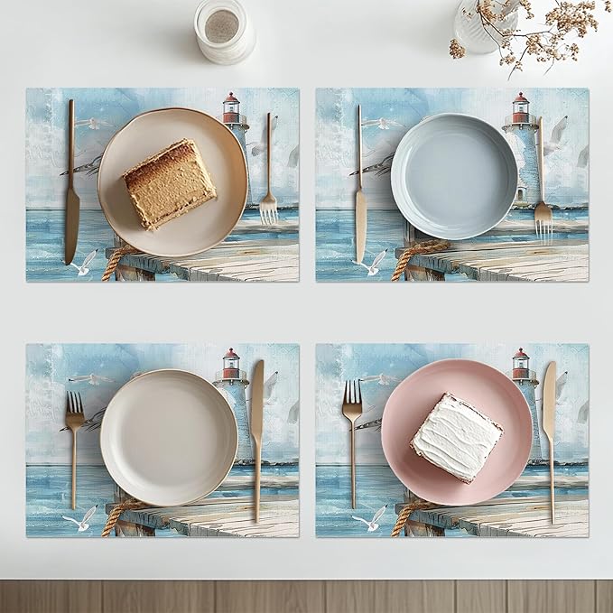 Lighthouse Seagull Placemats Set of 4 Washable Table Mats Ocean Nautical Coastal Heat-Resistant Cotton Linen Place Mats for Dining Table Kitchen Indoor Outdoor Party Holiday Decor