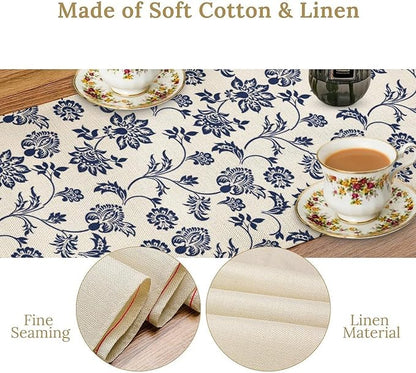 Boho Floral Table Runner, Navy Blue Paisley Flower Traditional Porcelain Vintage Decor Table Runner for Kitchen Dining Party, 13x120 Inch