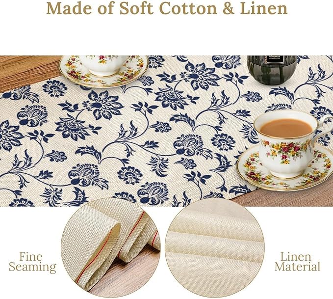 Boho Floral Table Runner, Navy Blue Paisley Flower Traditional Porcelain Vintage Decor Table Runner for Kitchen Dining Party, 13x70 Inch
