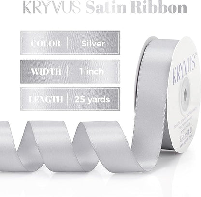 Silver Satin Ribbon, Double Faced 1 Inch X 25 Yards Silver Ribbon, Premium Satin Ribbon for Gift Wrapping, Crafts, Hair Bow Making, Sewing, Flower Bouquet, Wedding Party Decor