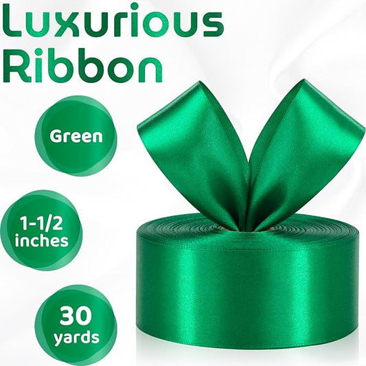 Green Ribbon 1-1/2 Inch 30 Yards Satin for Flower Bouquet, Green Christmas Ribbon for Gift Wrapping Crafts Halloween Easter Hair Sewing Wedding