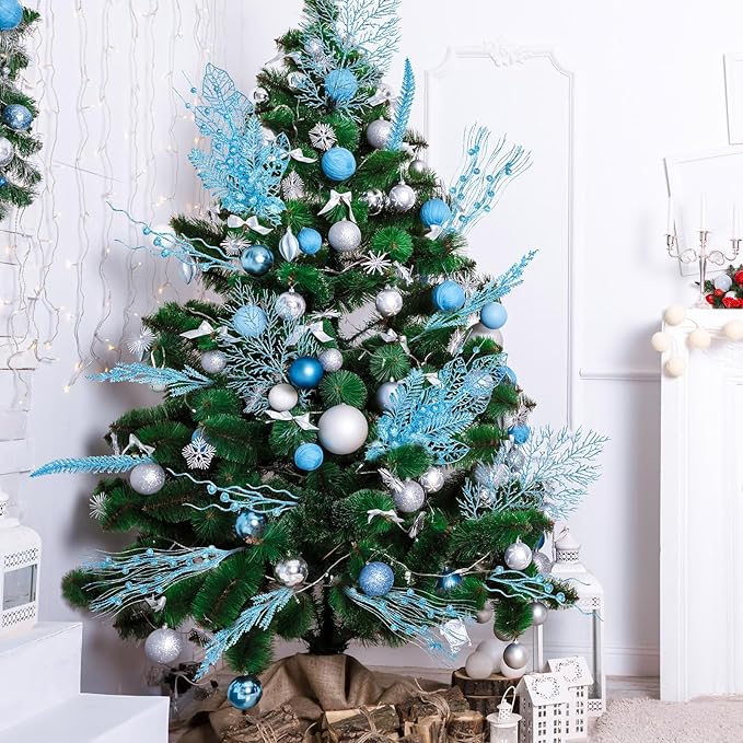 30 Pcs Artificial Christmas Tree Picks and Sprays Glitter Berry Stem Branches Holly Floral Picks Twigs Christmas Tree Ornaments for DIY Xmas Wreath Vase Filler Decorations(Lake Blue)