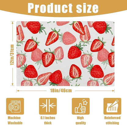 Watercolor Strawberry Placemats Set of 6, Linen Place Mat Washable Stain Resistant Table Mats for Farmhouse Kitchen Dining Holiday Party Wedding Decor 12x18 Inch
