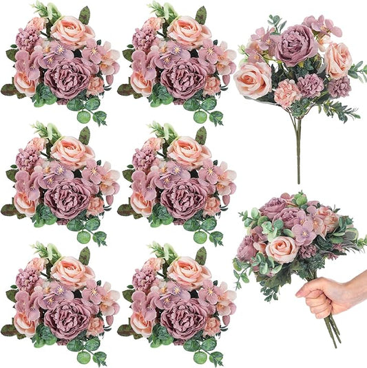 6 Pcs Artificial Peony Silk Florals Fake Mix Silk Peony Rose Faux Flower Hydrangea Bouquet Elegant Realistic Wedding Floral Centerpiece for Home Party Table Arrangement (Champagne with Purple)