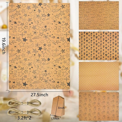 BWLOIES Wrapping Paper Set,Eco Gift Wrapping Paper Folded Sheets,Birthday Gift Wrap Kit,Eco Birthday Paper Recycled Kraft Gift Wrapper paper for Girls Kids Man Boys Women,Tags string