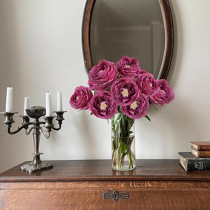 YalzoneMet 3.5'' Big Bloom Fuchsia Red Rose Artificial Flowers 4Pcs Real Touch Purple Rose Faux 17.7'' Long Stem Austen Roses Peonies Fake Flowers for Home Kitchen Party Christmas Flower Wedding Decor