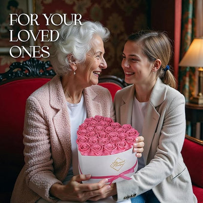 GLAMOUR BOUTIQUE Preserved Roses in a Box - Gifts for Her, Wife & Mom, Rose Flowers Forever Decor for Birthday Gift, Get Well Flower Bouquet Cased in White Box with Cover - Pink - 27-Piece