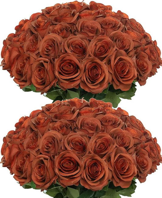 50pcs Artificial Roses Flowers in Bulk,Realistic Silk Fake Rose with Long Stem for Wedding Centerpieces Bouquet Party Floral Arrangement Home Decoration (Burnt Orange)