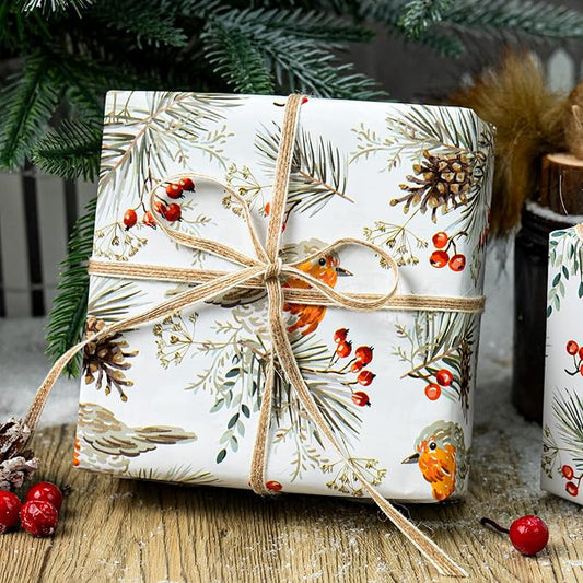 MAYPLUSS Christmas Wrapping Paper Roll - 17 In x 33 Feet - Cute Watercolor Bird Pinecone Gift Wrap Paper for New Year, Holiday, Kids
