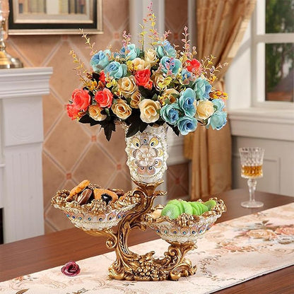 Elegant Large Flower Vases with 2 Tiered Fruit Bowl for Kitchen Counter, Resin Fruit Basket Plate for Snack, Candy Storage(White & Gold)