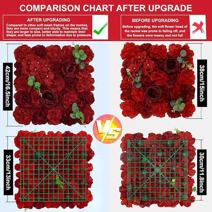 Red Flower Wall Backdrop 12 Piece of 16.5x16.5 Inch Artificial Floral Wall Panel Silk Rose Wall Decor Ideal for Wedding Celebrations, Festive Party Backdrops, and Home Decor