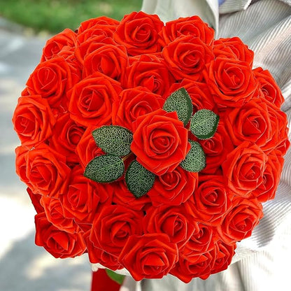 [25PCS] Red Roses Artificial Flowers with Long Stem Real Touch Fake Foam Roses for Decoration DIY Wedding Bouquets Centerpieces Bridal Shower Mothers Day Party Flower Arrangements Home Decor