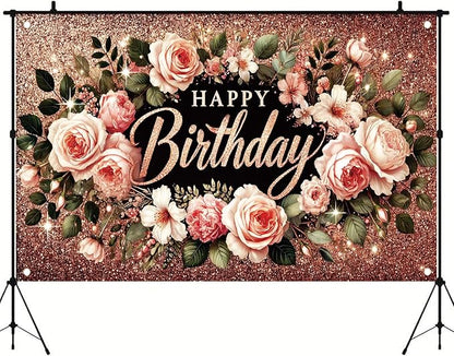 Happy Birthday Backdrop Banner Rose Gold Glitter Floral Photography Background for Women Girls Lady Wedding Baby Shower Birthday Supplies Photo Props Party Decorations Cake Table 6x4ft