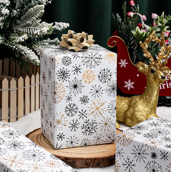 MAYPLUSS Christmas Gift Wrapping Paper Roll - 17 Inch X 33 Feet - Minimalistic Elegant Snowflake Flurry with Gold Design Winter Holiday Gift Wrap Sheet for Party, DIY Crafts & Festive Decoration