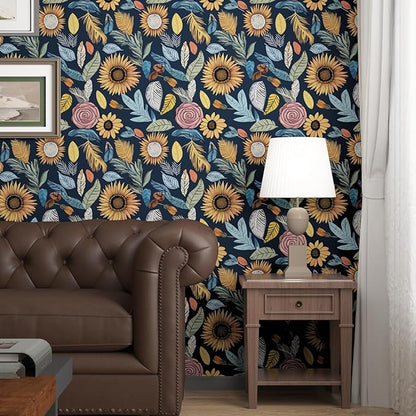 Blue Wallpaper Peel and Stick,Vintage Boho Floral Contact Paper, 17.5" x 393.7" Retro Paisley Flower Botanical Wall Paper Self Adhesive Removable Waterproof for Bathroom Shelves Cabinet Table Decor