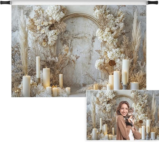 7x5ft Vintage White Flowers Backdrop Romantic Candles Old Concrete Wall Photography Background for Wedding Mothers Day Valentines Day Bridal Birthday Princess Couples Women Portraits