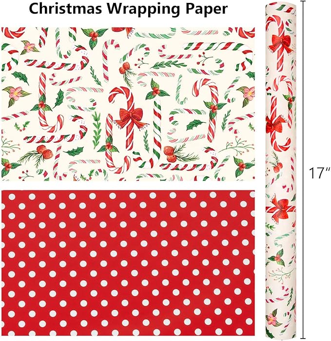 MAYPLUSS Christmas Wrapping Paper Roll - 17 Inch X 33 Feet - Cute Bow Candy Cane Christmas Holly Reversible Polka Dot Gift Wrapping Paper, Thick Wrap Paper for Holiday Party New Year Kids