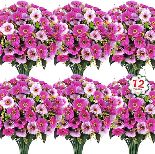 Ouddy Decor 12 Bundles Artificial Flowers for Outdoors Decoration, Fake Daisy Silk Flowers UV Resistant Artificial Plants for Spring Summer Garden Porch Window Box Room Home Decor, Fuchsia