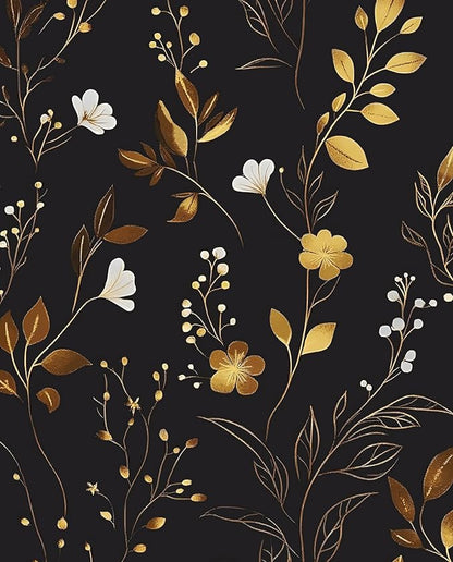 Black Floral Wallpaper Peel and Stick, Dark Gold Vintage Flower Contact Paper, Golden/White Botanical Wall Paper Self Adhesive Waterproof Removable for Room Cabinet Drawer Table Decor 17.5" x 118"