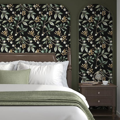 Black Green Floral Peel and Stick Wallpaper, 17.5" x 197" Vintage Dark Green Leaf Botanical Self-Adhesive Contact Paper for Bathroom Bedroom Kitchen Cabinet Drawer Vinyl Wall Paper Dark Green