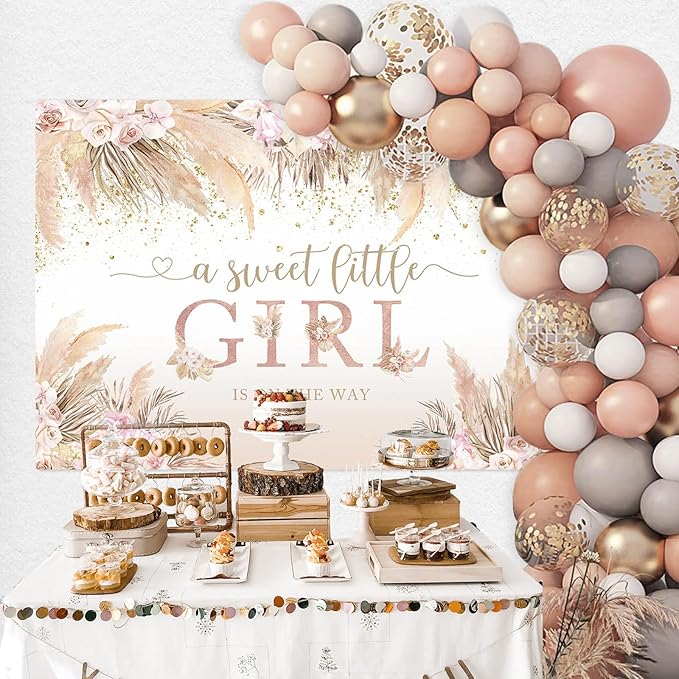 Mocsicka Boho Hello Baby Backdrop Boho Chic Pink Flowers Baby Shower Background A Sweet Little Girl is on The Way Party Cake Table Decorations Photo Booth (7x5ft)