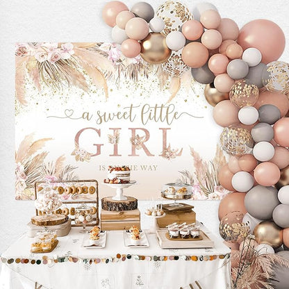 Mocsicka Boho Hello Baby Backdrop Boho Chic Pink Flowers Baby Shower Background A Sweet Little Girl is on The Way Party Cake Table Decorations Photo Booth (7x5ft)