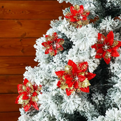24 Christmas Glitter Artificial Poinsettia Flowers Xmas Poinsettia Artificial Wedding Flowers Decorations Xmas Tree Ornaments with Clips for Party Favors, 6 Inch, 4 Inch, 3 Inch (Red and Gold)