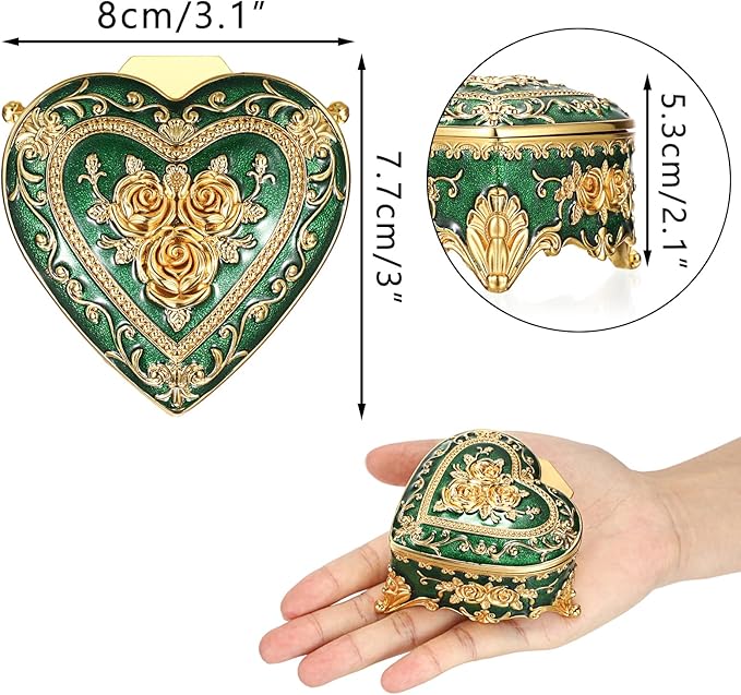 Hipiwe Vintage Jewelry Storage Box Heart Shaped Trinket Box Green Decorative Keepsake Box with Rose Pattern Treasure Organizer Holder for Women