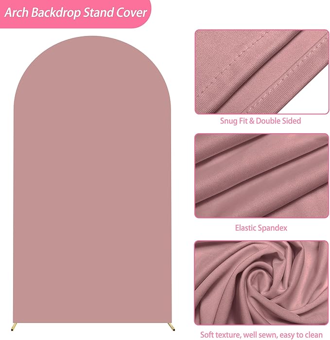 Putros 7.2ft Metal Arch Stand with Cover Light Dusty Rose Spandex Fitted Wedding Arch Cover and Round Top Chiara Backdrop Stand Set for Birthday Party Baby Shower Decoration