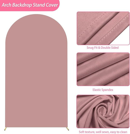 Putros 7.2ft Metal Arch Stand with Cover Light Dusty Rose Spandex Fitted Wedding Arch Cover and Round Top Chiara Backdrop Stand Set for Birthday Party Baby Shower Decoration