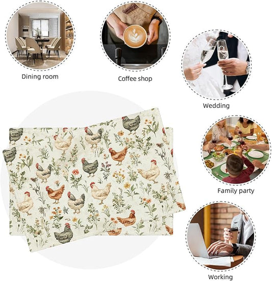 Farmhouse Rooster Placemats Set of 6, Rustic Chicken Place Mats, Country Flowers Dining Table Mats, Washable Placemats for Kitchen Dining Room Home Decor 18L'' × 12W''