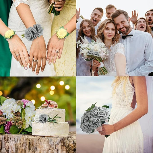 JOYLEX 100Pcs Grey Artificial Flowers Realistic Roses, Real Looking Fake Roses with Stem for DIY Wedding Bouquets Centerpieces Bridal Shower Party Home Romantic Decorations (Grey,100pcs)