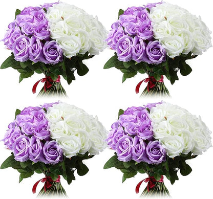 36 Pcs Silk Purple White Rose Bouquet Bridal Artificial Flowers,Fake Rose Long Stem Realistic Flowers Bulk for Wedding Bouquet Ball Arrangement Centerpiece Party Decor