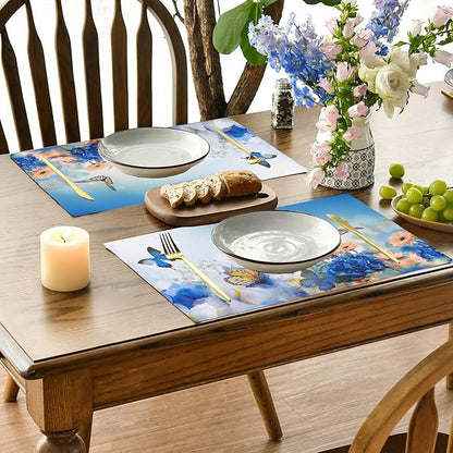 Flying Butterfly Placemats Set of 4, Blue Flowers 12x18 Inch Non-Slip Washable Heat Resistant Linen Fabric Table Mats,Place Mats for Holiday Party