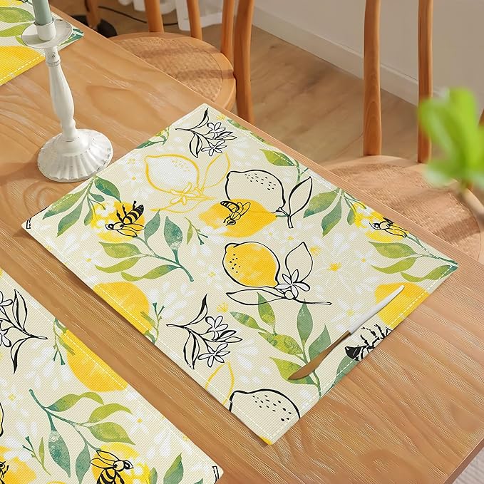 Lemon Table Placemats Set of 4 Farm Food Bee Animal Flower Placemat Set Farmhouse Kitchen Dining Holiday Party Waterproof Washable Table Mats for Kitchen Dining Decoration 4 PCS