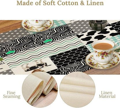 Cute Cow Print Table Runner,Farm Animals Honeycomb Plaid Stripes Cowhide Pattern Tablecloth Burlap for Hotel Indoors Outdoor Dining Room Kitchen Table Decor, 13x80in